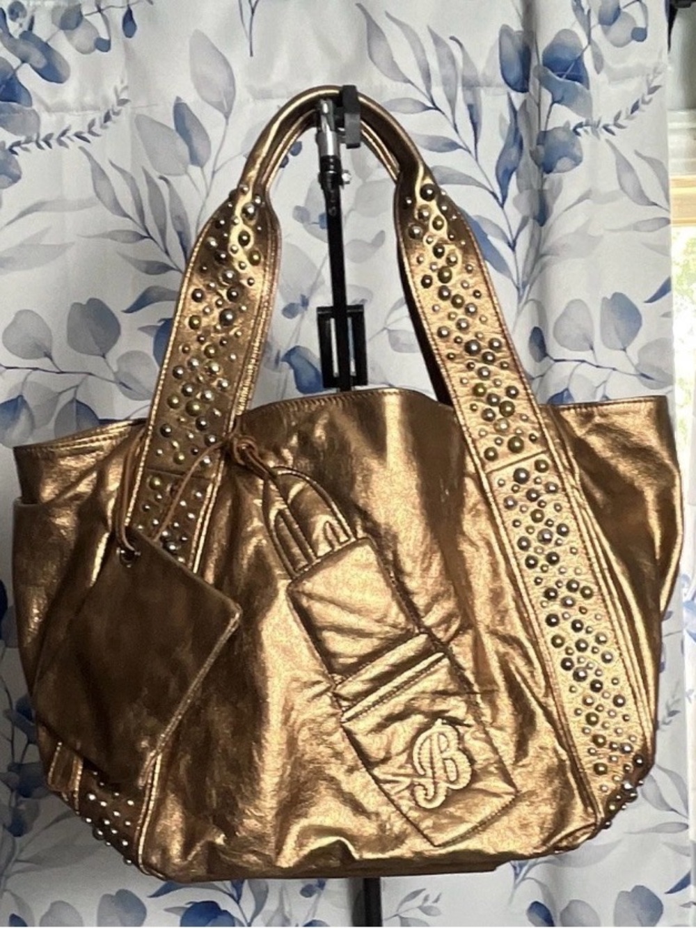 Metallic Bronze Studded Tote Bag with Monogram Accent